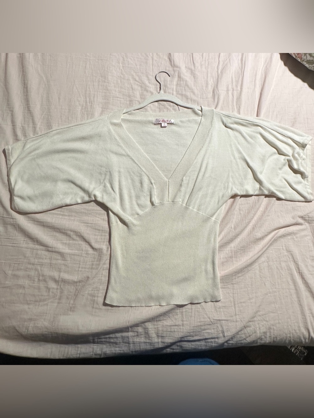 Light Cream V-Neck Women's short Sleeve Sweater - Soft Knit